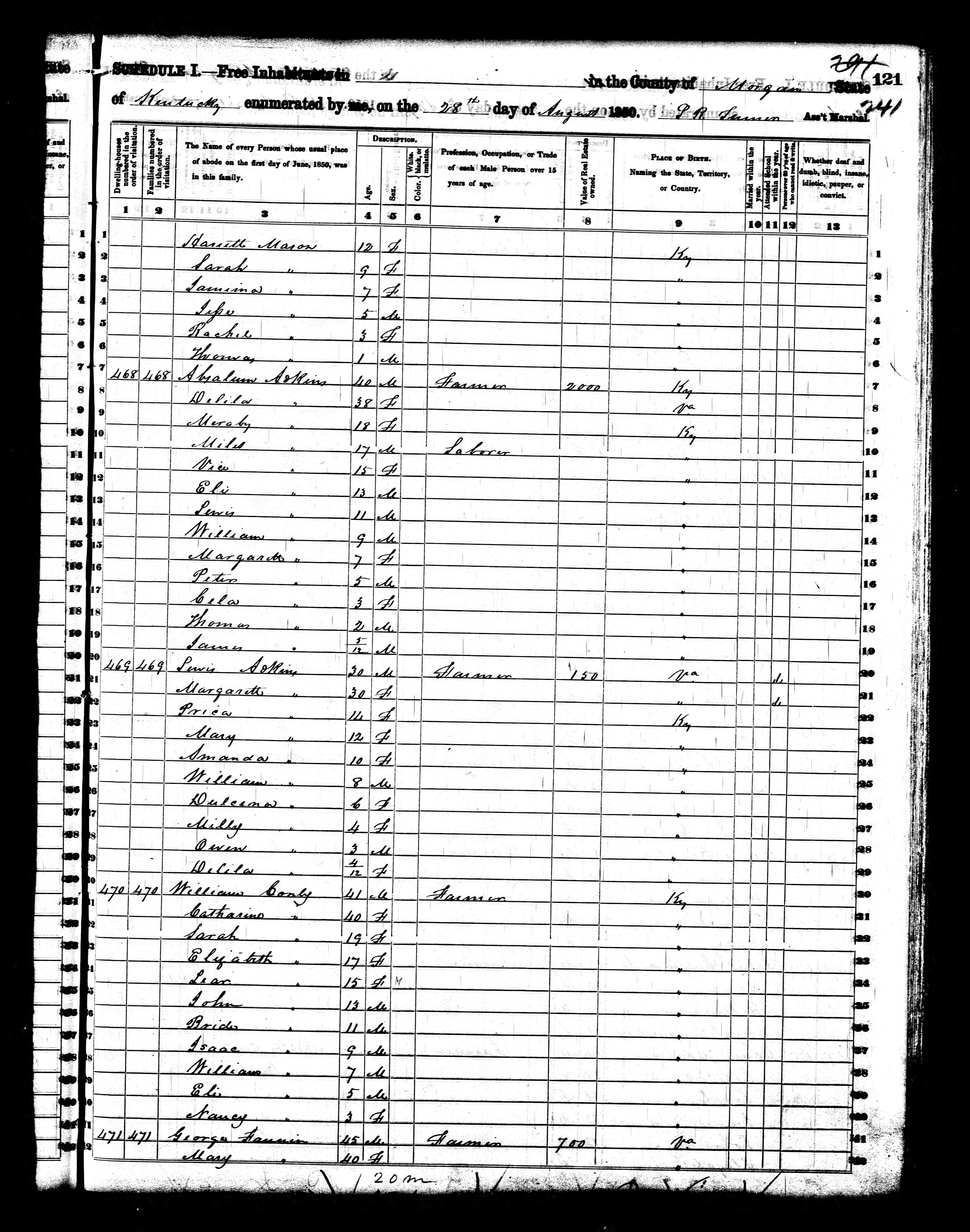 1850 Census, George Fannin, page 1